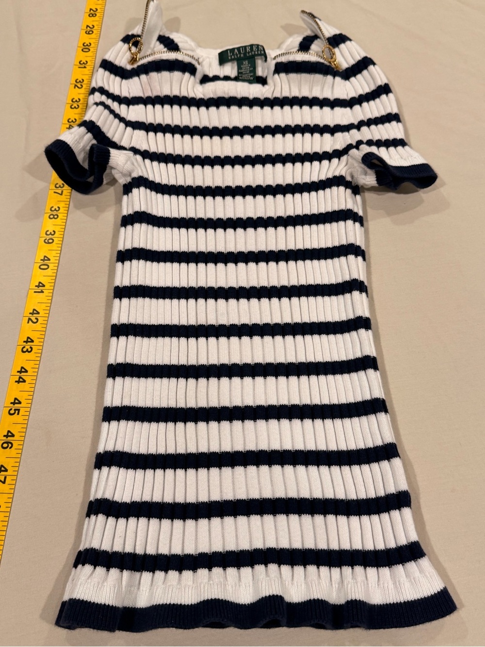 Ralph Lauren White and Navy Striped Knit top with Gold Accent